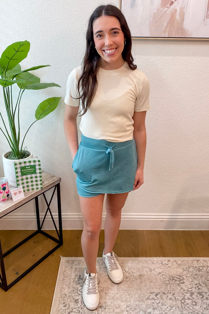 Athleisure Assymetrical Raw Hem Grey Teal Skort - Lyla's: Clothing, Decor & More - Plano Boutique