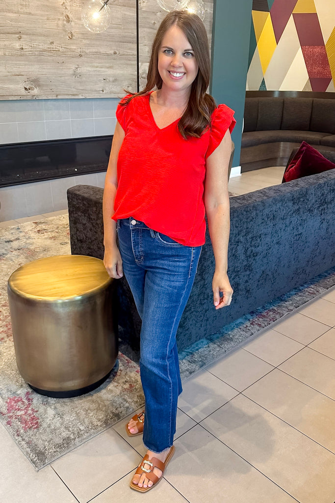 Dark Denim High Rise Raw Hem Kick Flare By Lovervet - Lyla's: Clothing, Decor & More - Plano Boutique