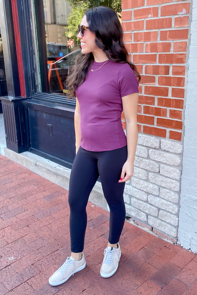 Athleisure Essential Short Sleeve Micro Ribbed Dark Plum Top - Lyla's: Clothing, Decor & More - Plano Boutique
