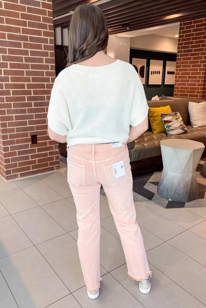 Melissa Powdery Pink Mid Rise Straight Crop Denim by Vervet - Lyla's: Clothing, Decor & More - Plano Boutique