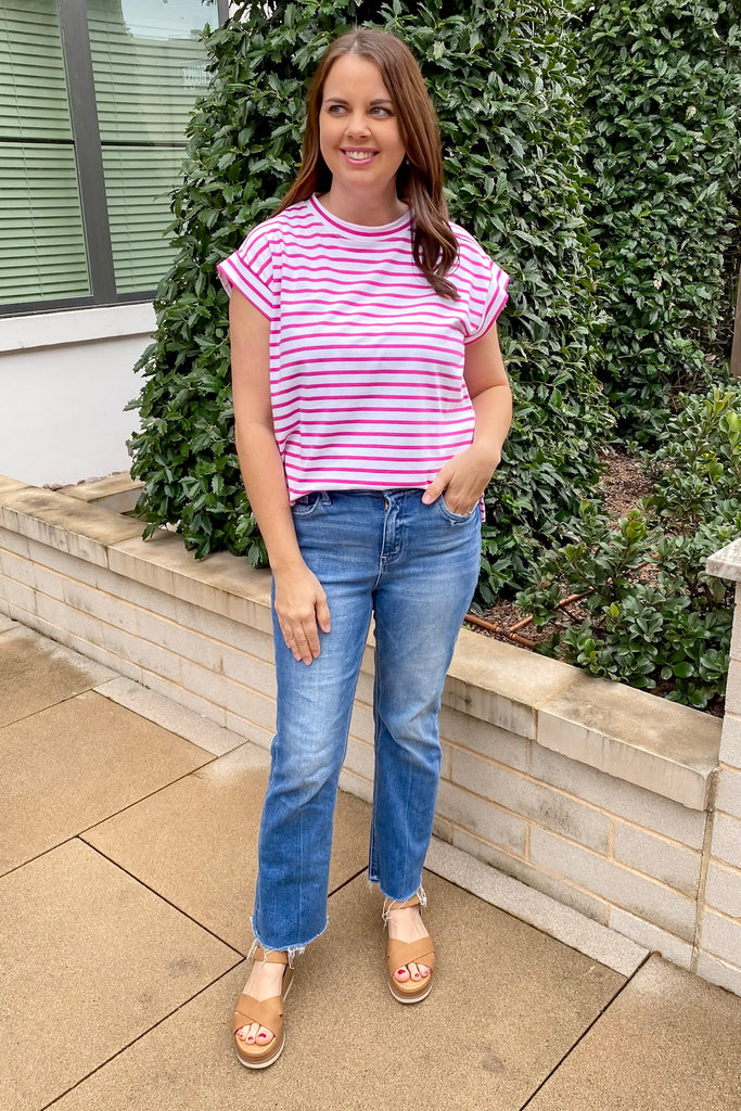 About the Fit Magenta and White Striped Top - Lyla's: Clothing, Decor & More - Plano Boutique
