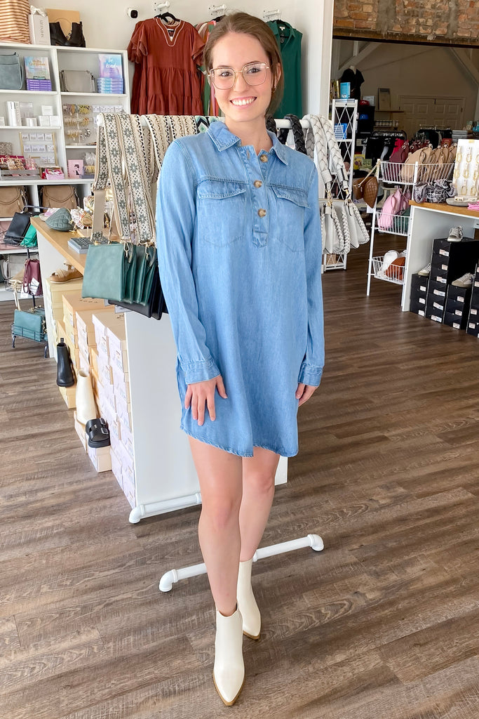 Chambray Collared Longsleeve Dress - Lyla's: Clothing, Decor & More - Plano Boutique