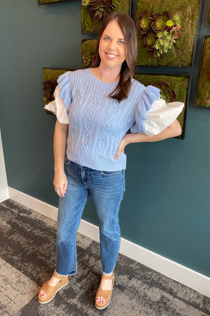 Two In One Puff Sleeve Blue Top - Lyla's: Clothing, Decor & More - Plano Boutique