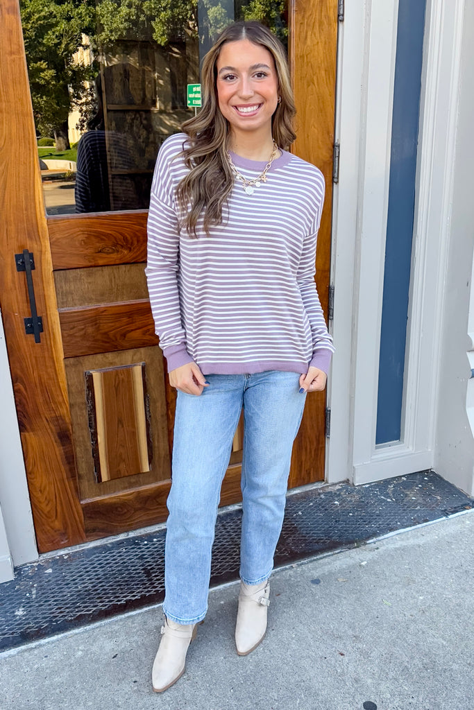 Dusty Lavender Love Striped Sweater - Lyla's: Clothing, Decor & More - Plano Boutique