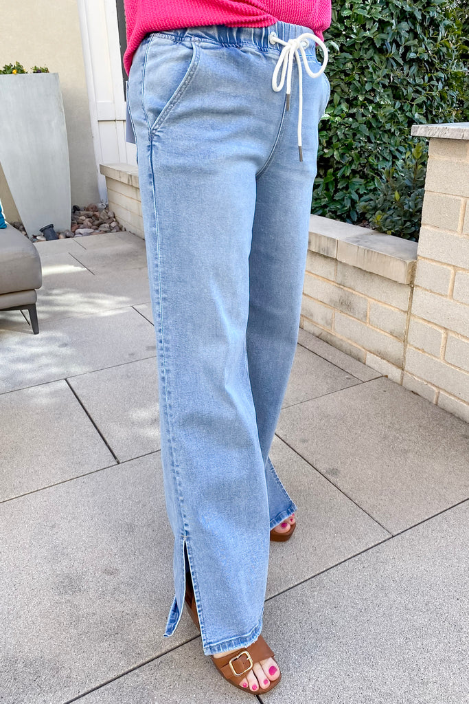 Wholesomeness High Rise Drawstring Side Slit Wide Leg Denim by Lovervet - Lyla's: Clothing, Decor & More - Plano Boutique