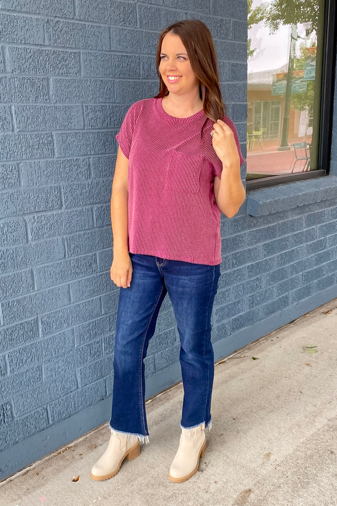 Dark Wine Ribbed Pocket Top - Lyla's: Clothing, Decor & More - Plano Boutique