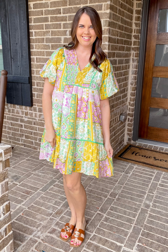 Sunset Fling Boho Green Print Dress - Lyla's: Clothing, Decor & More - Plano Boutique