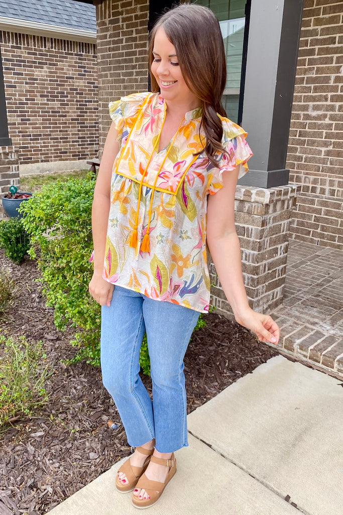 Fields of Hope Abstract Floral Print Honey Top - Lyla's: Clothing, Decor & More - Plano Boutique
