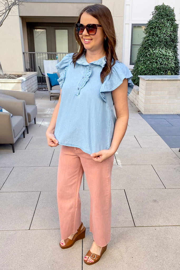 All You Need Ruffle Denim Top - Lyla's: Clothing, Decor & More - Plano Boutique