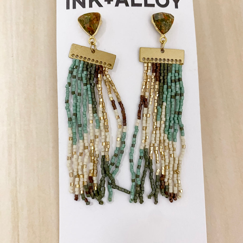 Lilah Semi-Precious Stone Post With Organic Shapes Beaded Fringe Earrings Safari by Ink & Alloy - Lyla's: Clothing, Decor & More - Plano Boutique