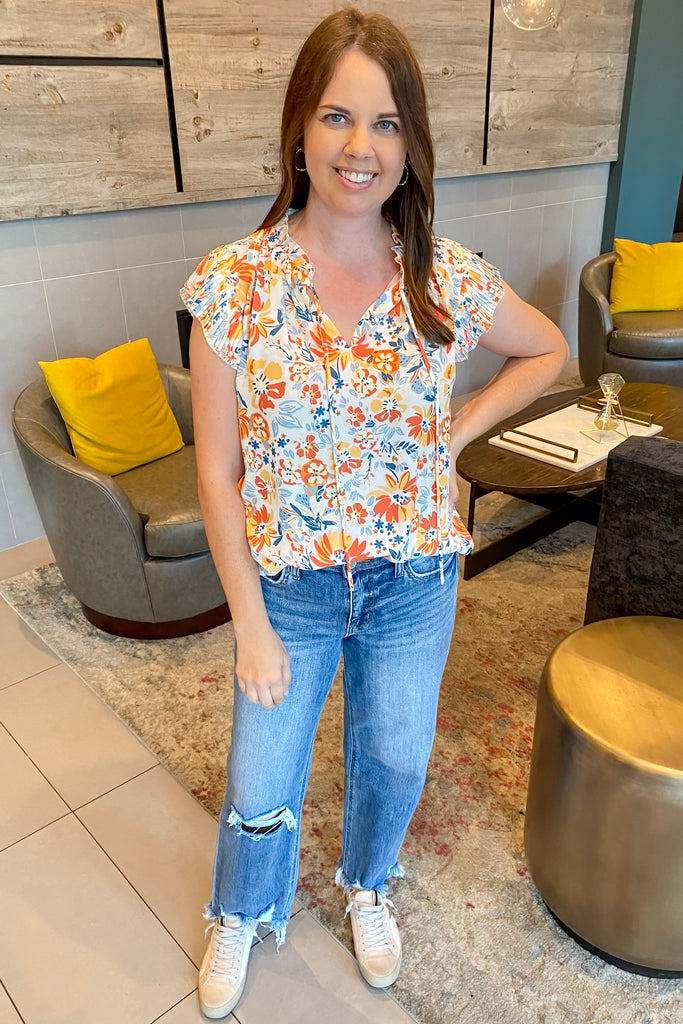 Orange and Navy Love Floral Print Pleat Top - Lyla's: Clothing, Decor & More - Plano Boutique