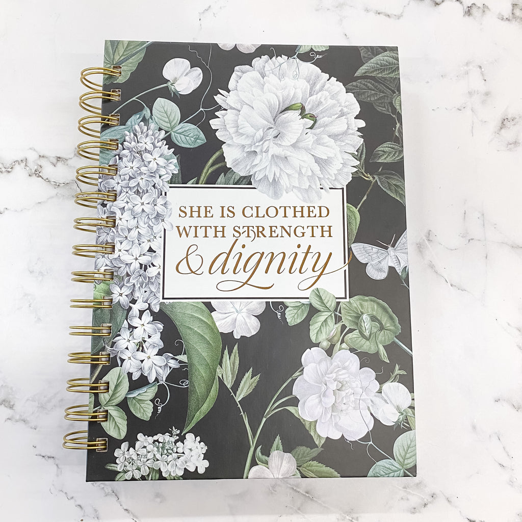 She is Clothed with Strength & Dignity White Floral Large Wirebound Journal - Proverbs 31:25 - Lyla's: Clothing, Decor & More - Plano Boutique
