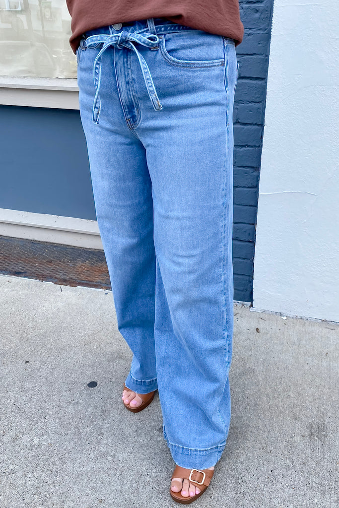 Olivia Elatedly Super High Rise Tie Waist Trouser Wide Leg Jeans by Vervet - Lyla's: Clothing, Decor & More - Plano Boutique