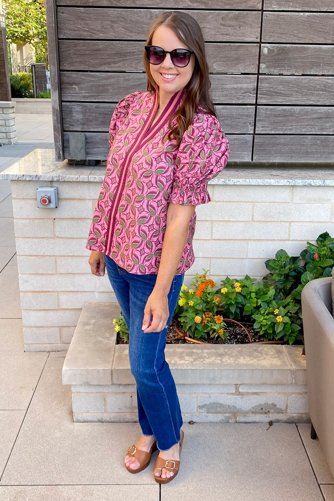 Happiness Awaits Leaf Print Wine Top - Lyla's: Clothing, Decor & More - Plano Boutique