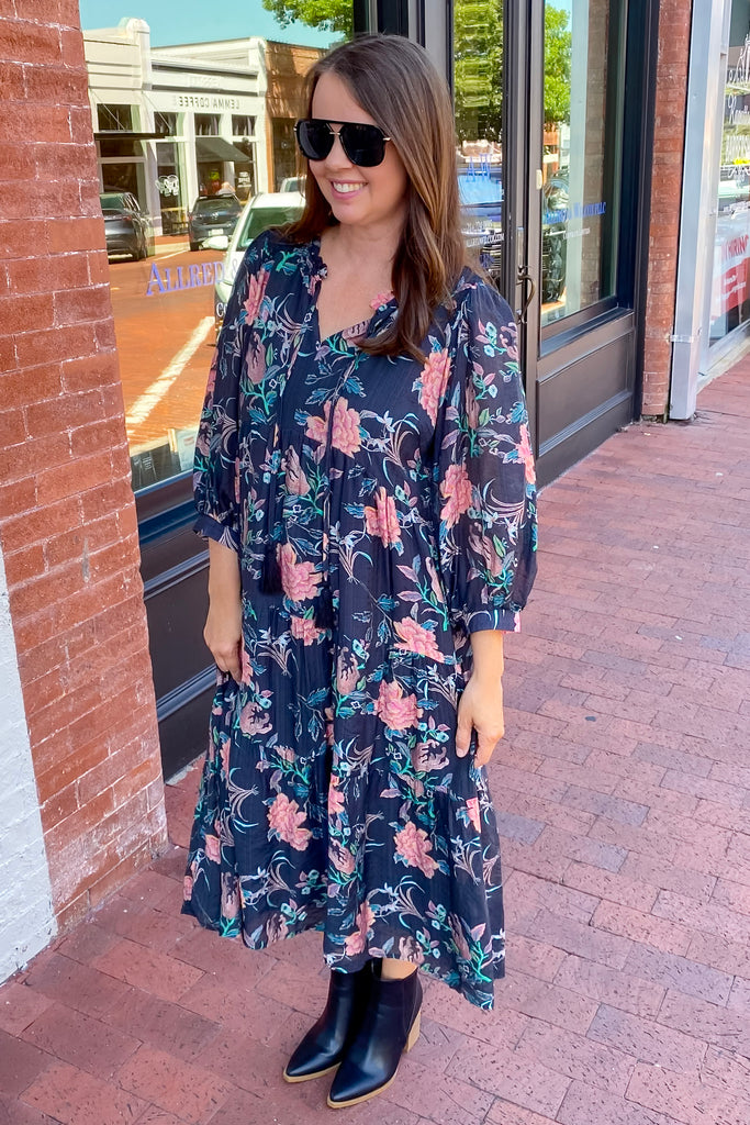 In My Heart Floral Print Black Midi Dress - Lyla's: Clothing, Decor & More - Plano Boutique