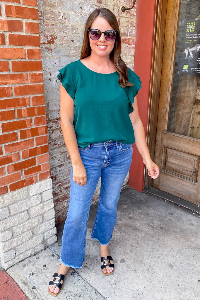 Ruffle Sleeve Hunter Green Top - Lyla's: Clothing, Decor & More - Plano Boutique