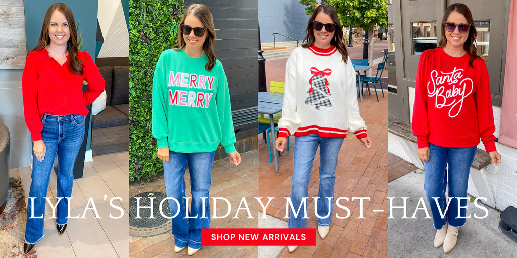 Lyla’s Holiday Must-Haves are HERE — the cutest Christmas sweaters, festive outfits, and giftable favorites! Shop local at your go-to Texas boutique in Downtown Rockwall, Downtown Plano, or online!