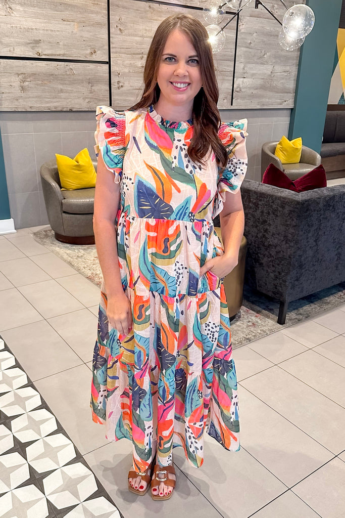 Twist into the Tropics Tiered Taupe Print Midi Dress - Lyla's: Clothing, Decor & More - Plano Boutique