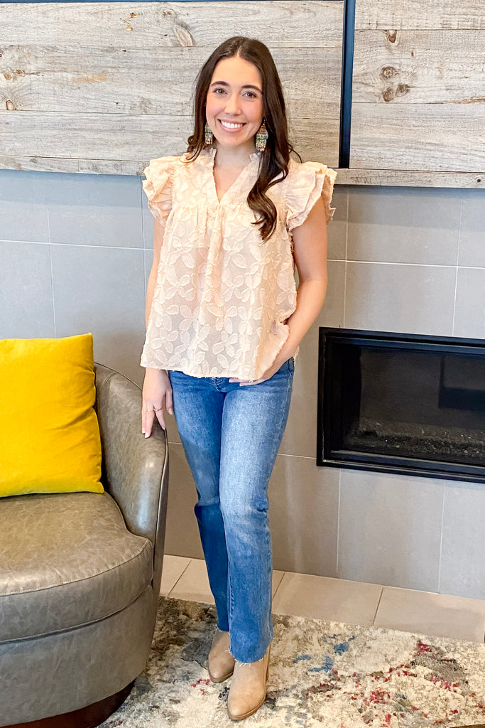 Beige Sheer Flutter Sleeve Textured Top - Lyla's: Clothing, Decor & More - Plano Boutique