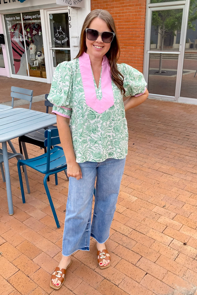 Little Thing Called Love Green and Pink Print Top - Lyla's: Clothing, Decor & More - Plano Boutique