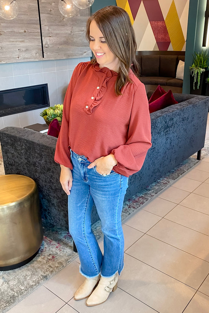 Make You Stay Button Detail Longsleeve Red Brown Top - Lyla's: Clothing, Decor & More - Plano Boutique
