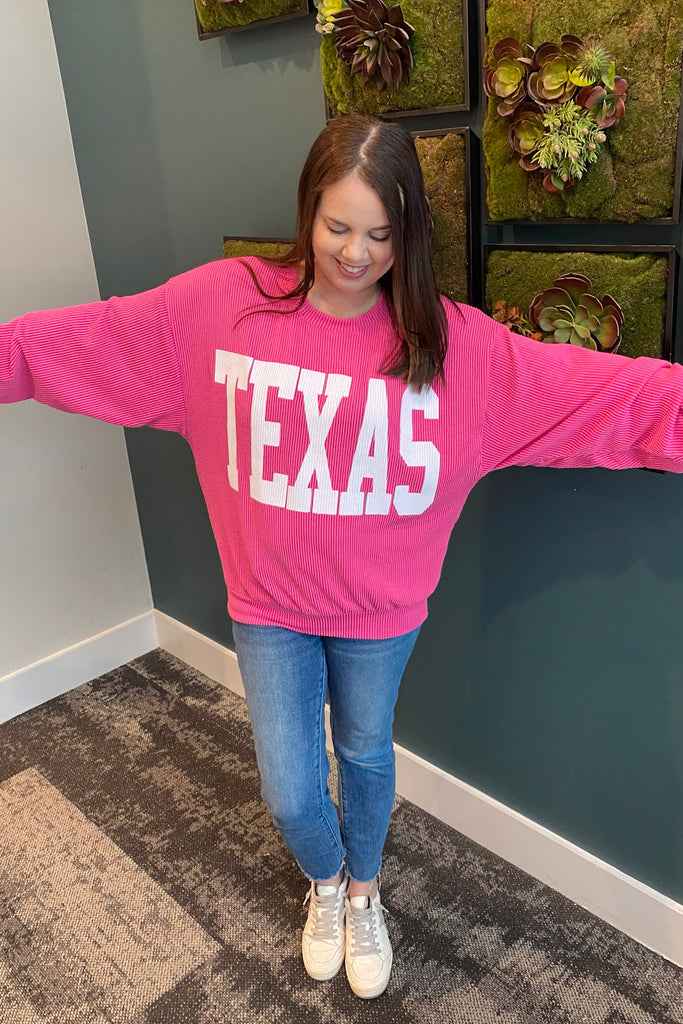 Texas Corduroy Graphic Fuchsia Sweater - Lyla's: Clothing, Decor & More - Plano Boutique