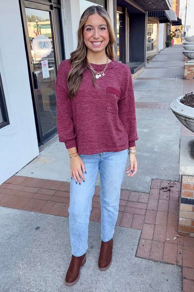 Right By You Burgundy Pocket Sweater - Lyla's: Clothing, Decor & More - Plano Boutique