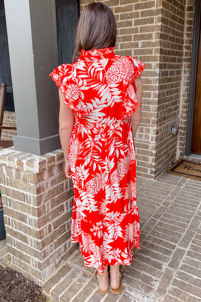 Crimson Palm Print Midi Dress - Lyla's: Clothing, Decor & More - Plano Boutique