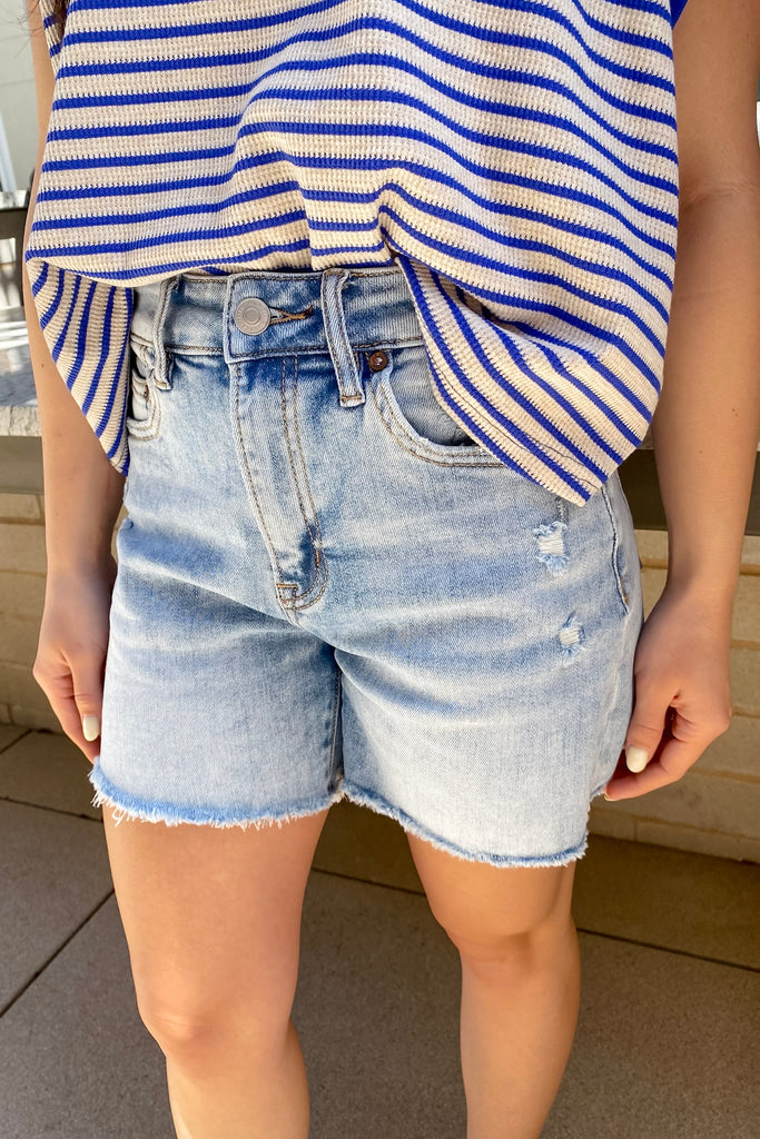 City Blue Super High Frayed Hem Denim Shorts by Mica - Lyla's: Clothing, Decor & More - Plano Boutique