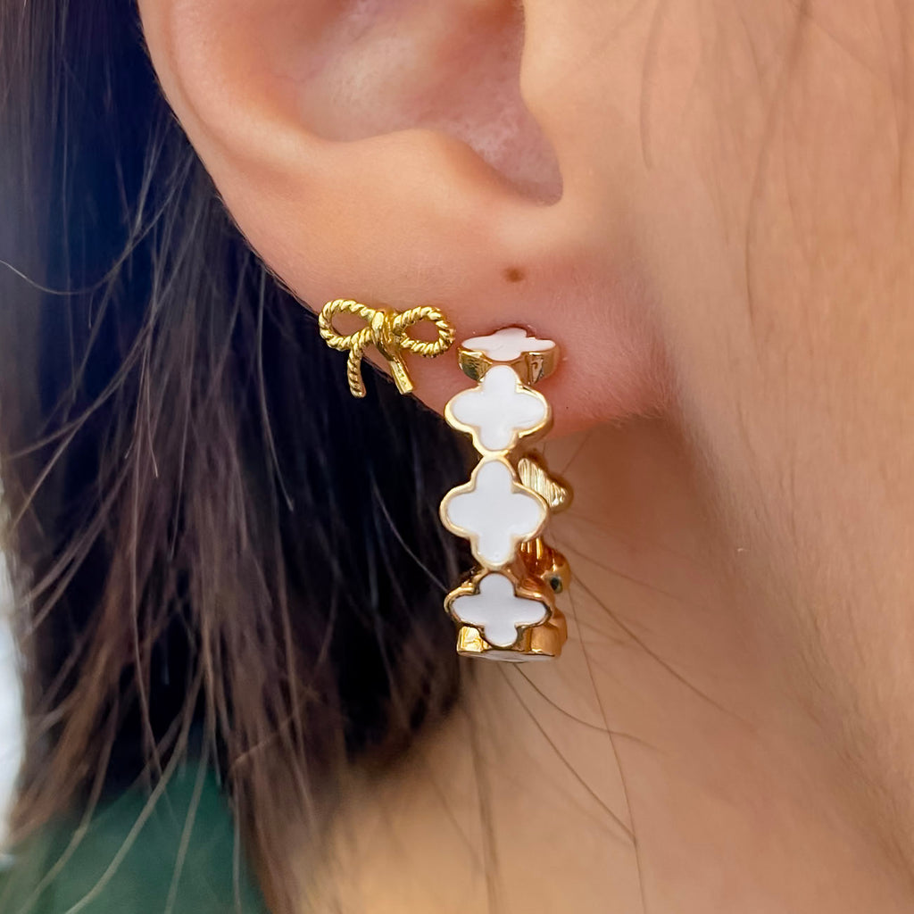 Gold and White Clover Hoop Earrings - Lyla's: Clothing, Decor & More - Plano Boutique