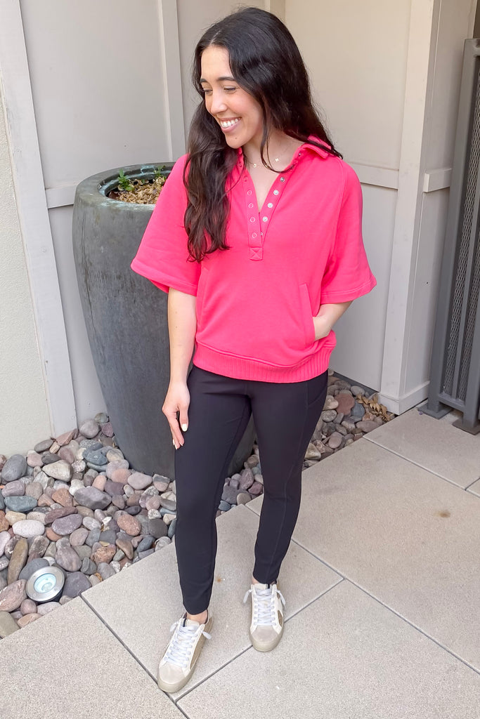 Athleisure French Terry Collared Flamingo Pink Top - Lyla's: Clothing, Decor & More - Plano Boutique