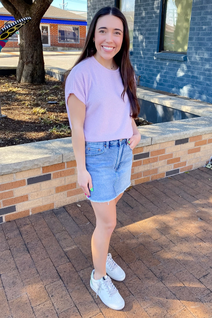 Light Smog Indigo High Rise Raw Hem Denim Skirt by Mica - Lyla's: Clothing, Decor & More - Plano Boutique