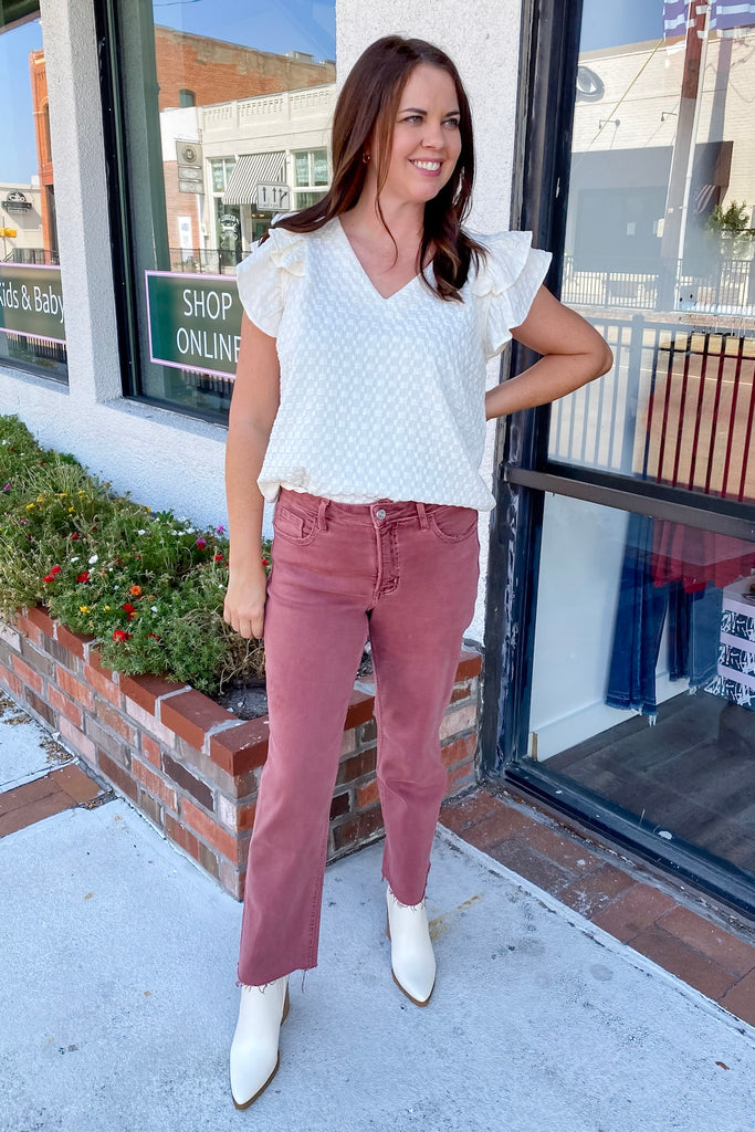Wine High Rise Straight Crop Denim by Lovervet - Lyla's: Clothing, Decor & More - Plano Boutique
