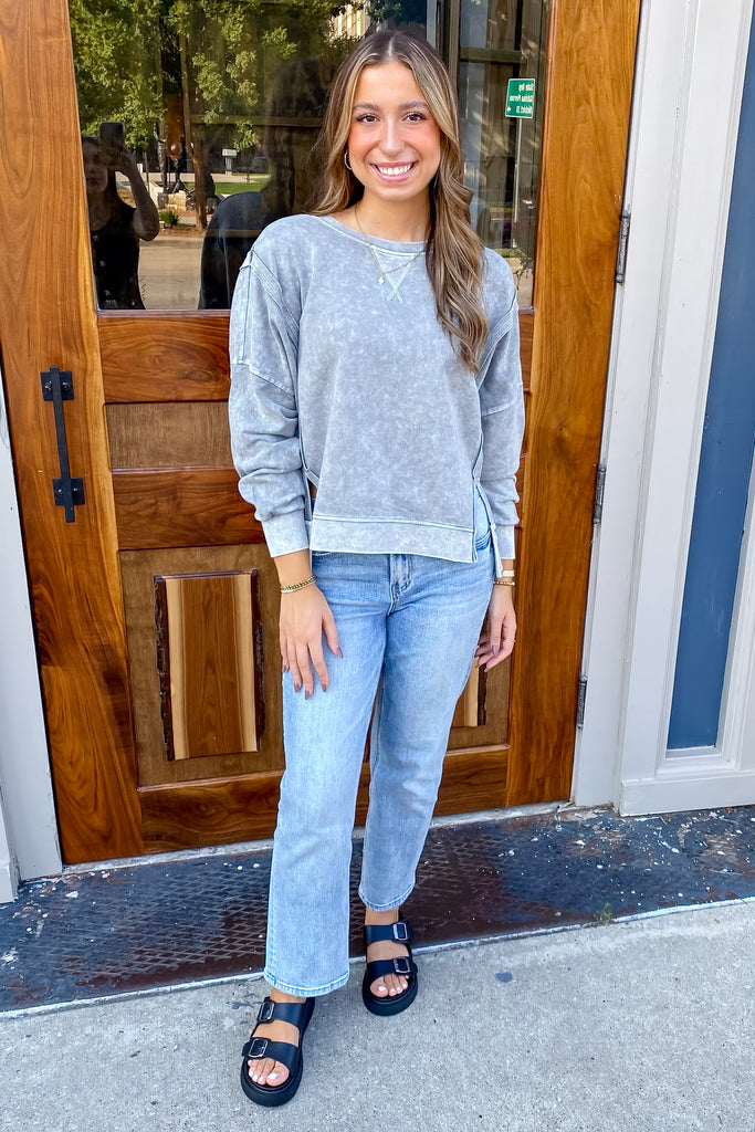 Who Do You Know Washed Grey Sweater - Lyla's: Clothing, Decor & More - Plano Boutique