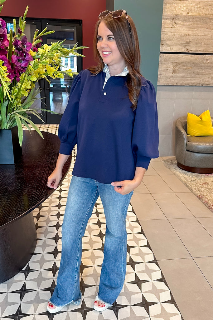 Polished and Chic Navy Collared Top - Lyla's: Clothing, Decor & More - Plano Boutique