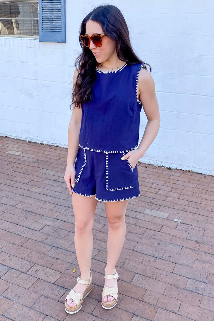 Call Me Back Whipstitched Navy Top - Lyla's: Clothing, Decor & More - Plano Boutique
