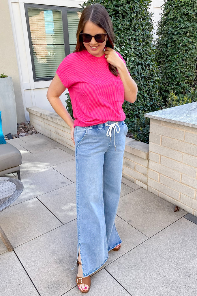 Wholesomeness High Rise Drawstring Side Slit Wide Leg Denim by Lovervet - Lyla's: Clothing, Decor & More - Plano Boutique