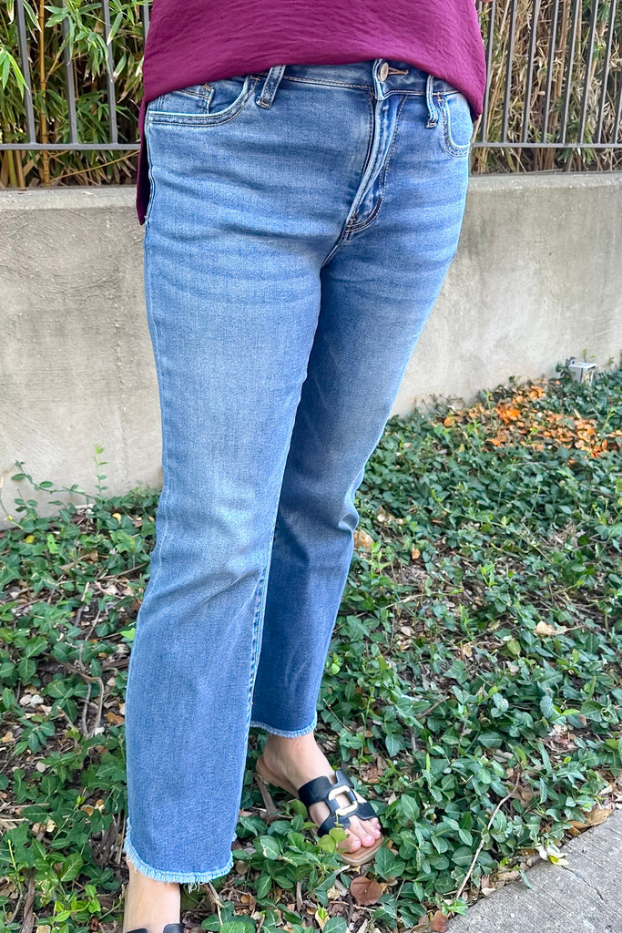 Alison Marine Mid Rise Raw Step Hem Crop Flare Jeans by Vervet - Lyla's: Clothing, Decor & More - Plano Boutique
