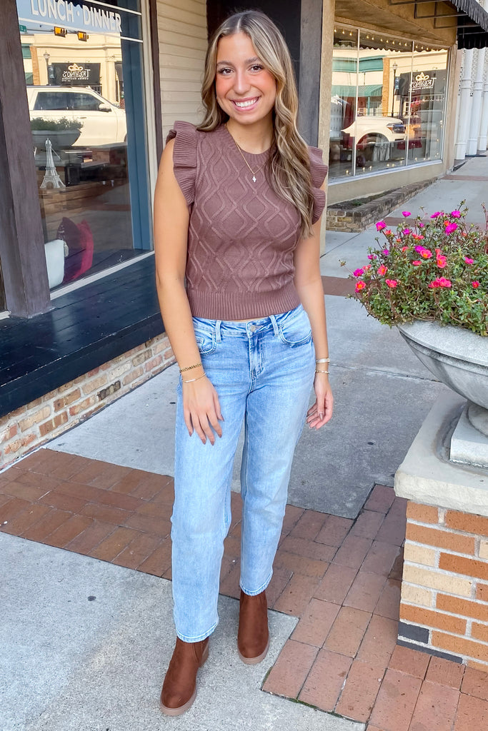 Settle In Ruffle Brown Sweater - Lyla's: Clothing, Decor & More - Plano Boutique