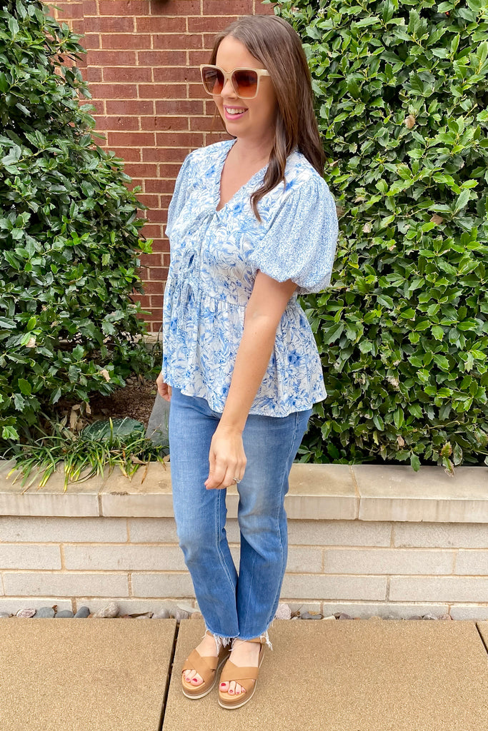 Follow The Charm Blue Print Top - Lyla's: Clothing, Decor & More - Plano Boutique