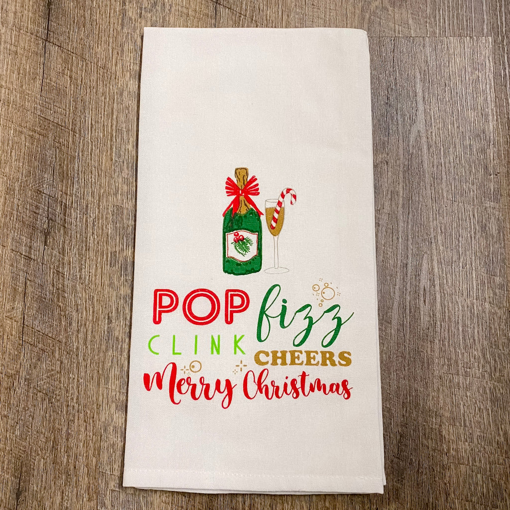 Pop Fizz Clink Cheers Merry Christmas Tea Towel - Lyla's: Clothing, Decor & More - Plano Boutique