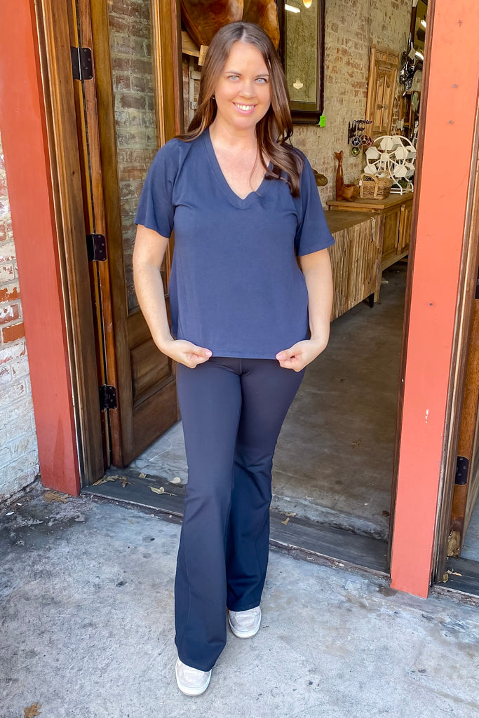 Athleisure Pima Cotton Blend V Neckline Navy Top - Lyla's: Clothing, Decor & More - Plano Boutique