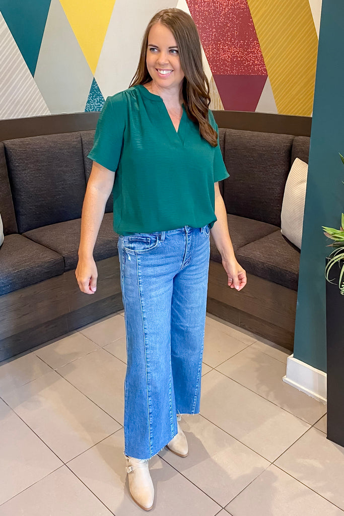 Olivia Punctual High Rise Raw Hem Twist Wide Jeans by Vervet - Lyla's: Clothing, Decor & More - Plano Boutique