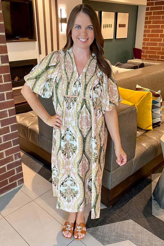 Harvest Mosaic Print Brown Midi Dress - Lyla's: Clothing, Decor & More - Plano Boutique