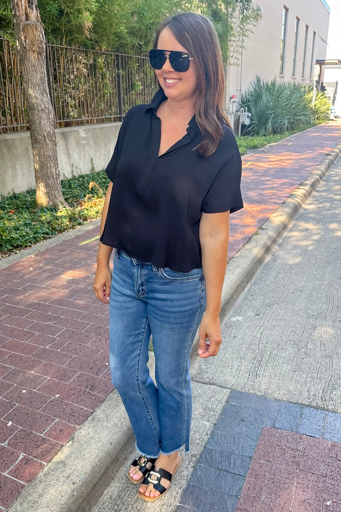 Deal Me In Collared Black Top - Lyla's: Clothing, Decor & More - Plano Boutique