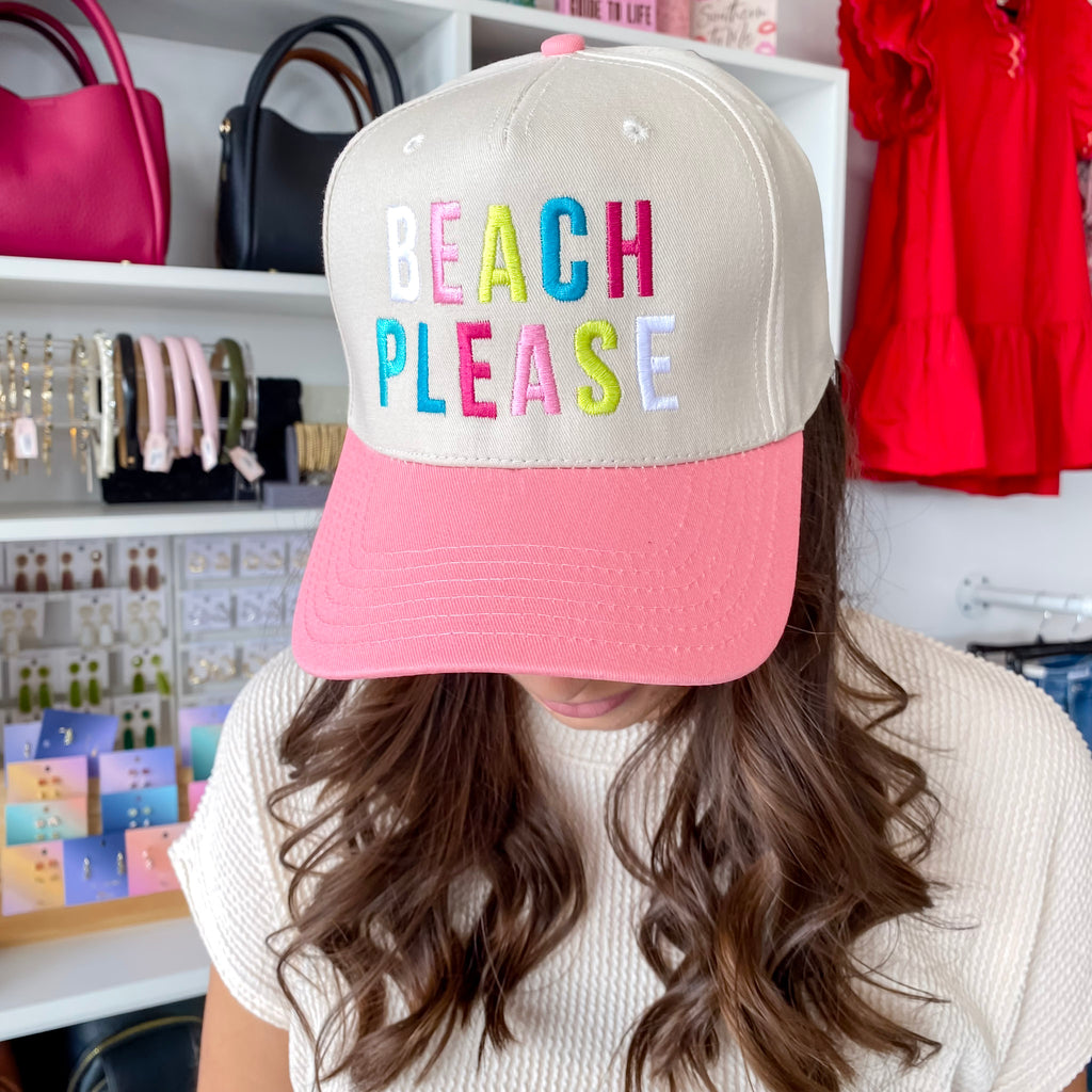Beach Please Two-Toned Pink and Tan Vintage Baseball Hat - Lyla's: Clothing, Decor & More - Plano Boutique