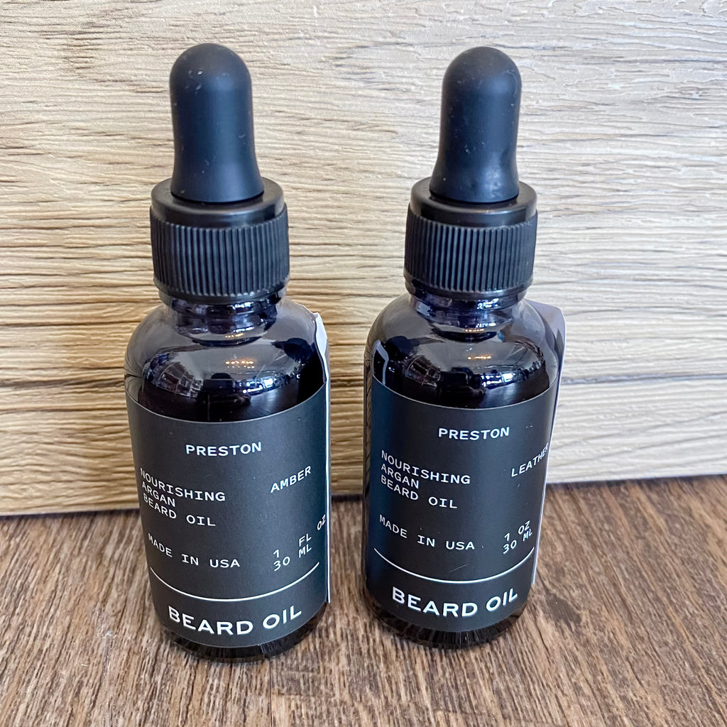 Preston Argan Oil Infused Beard Oil Leather - Lyla's: Clothing, Decor & More - Plano Boutique