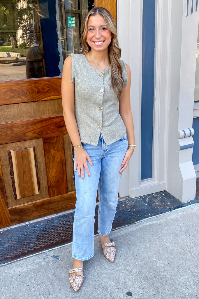 Listen To Me Gold Button Olive Grey Top - Lyla's: Clothing, Decor & More - Plano Boutique