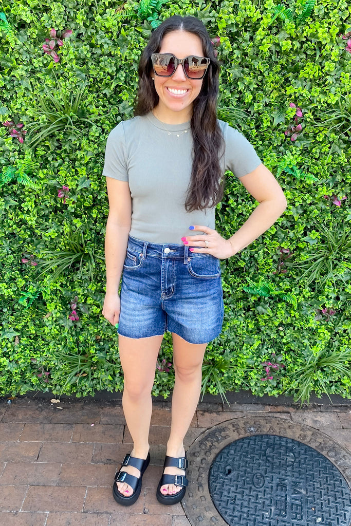 Dark Sea Blue Super High Rise Denim Shorts by Mica - Lyla's: Clothing, Decor & More - Plano Boutique