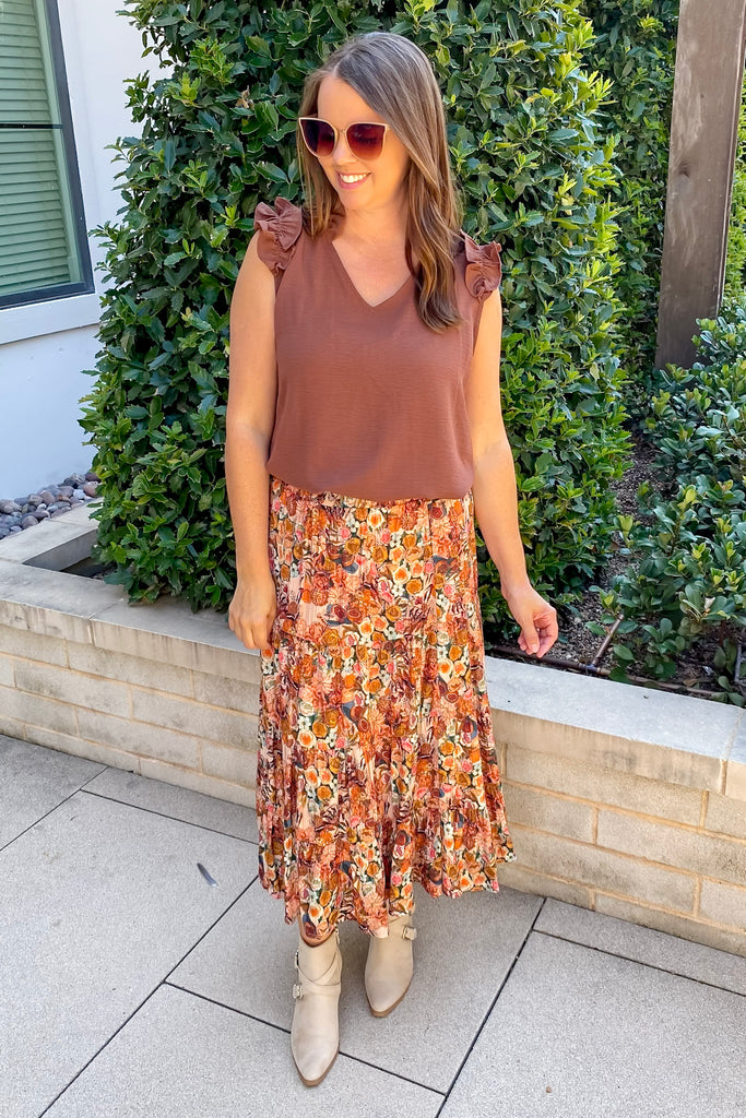 Going to Be Golden Floral Taupe Midi Skirt - Lyla's: Clothing, Decor & More - Plano Boutique